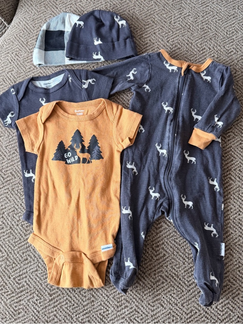 Gerber Orange 'Go Wild' Bodysuit with Navy Deer-Print Footed One-Piece & Hats